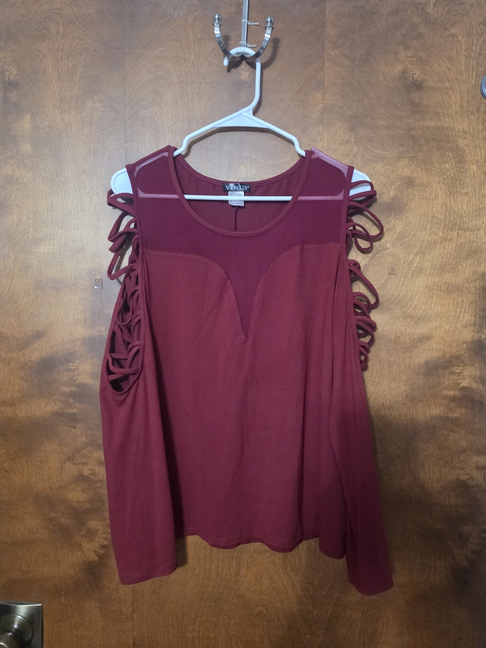 VENUS Burgundy Cold-Shoulder Lattice Top